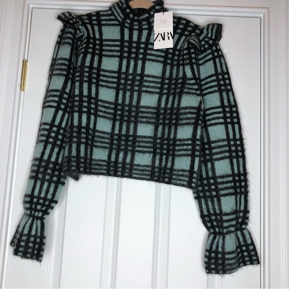 Zara Women Wool Mohair Check Sweater M High Collar - Picture 8 of 12
